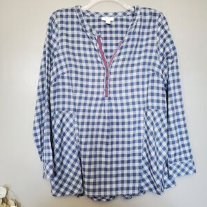 J. Jill Top Womens Size Small Blue Gingham Check Long Sleeve Pullover Tunic